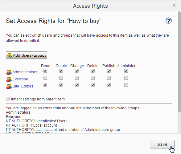 Image: Access rights dialog