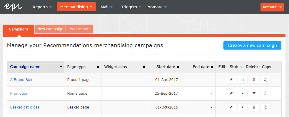 Image: Manage your Recommensatons merchandising campaigns view