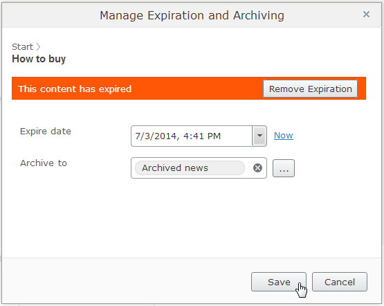 Image: Manage expiration and archiving dialog box