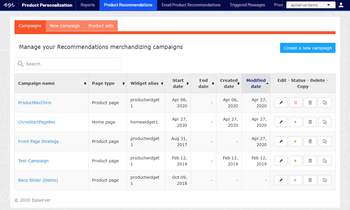 Image: Manage your Recommendations merchandising campaigns view