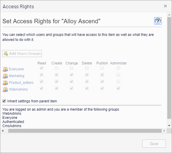 Image: Access rights dialog box