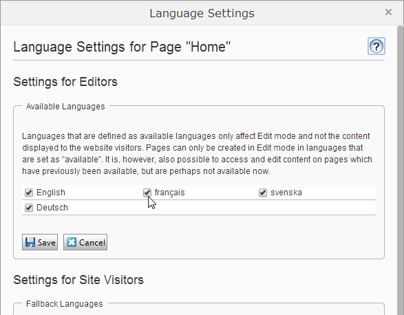 Image: Language settings for page