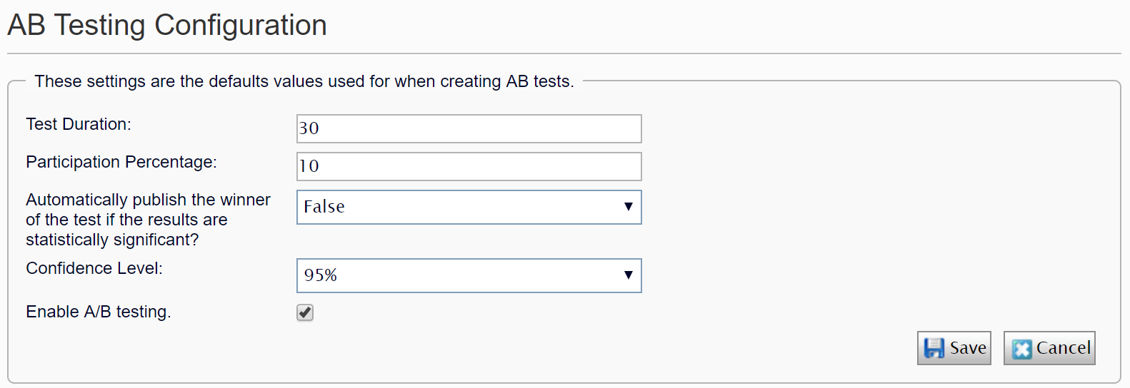 Image: AB Testing Configuration screen