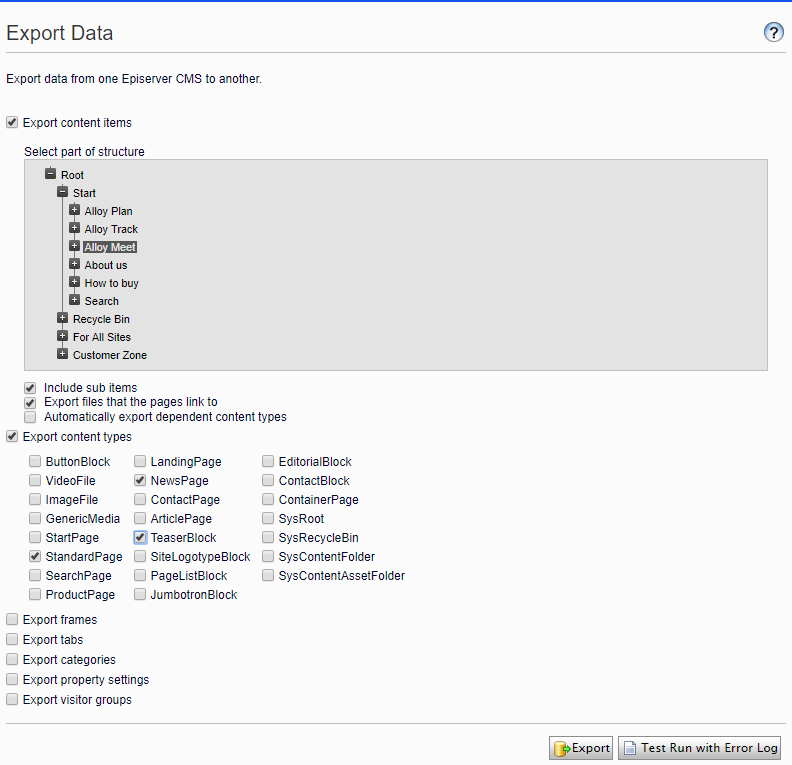 Image: Export data screen