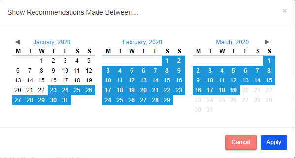 Image: Engage Dashboard: selecting the begin and end dates