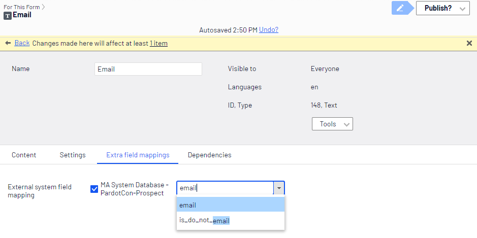 Image: Mapping a Pardot database field to a form field