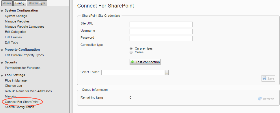 Image: Connect for SharePoint settings