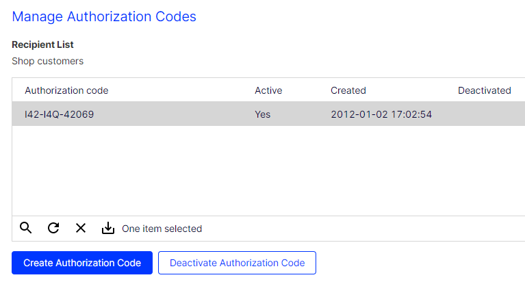 Image: Manage authorization codes