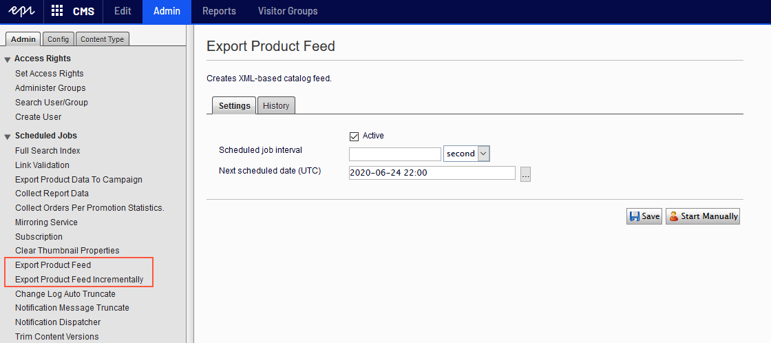 Image: Export product feed in the CMS admin interface