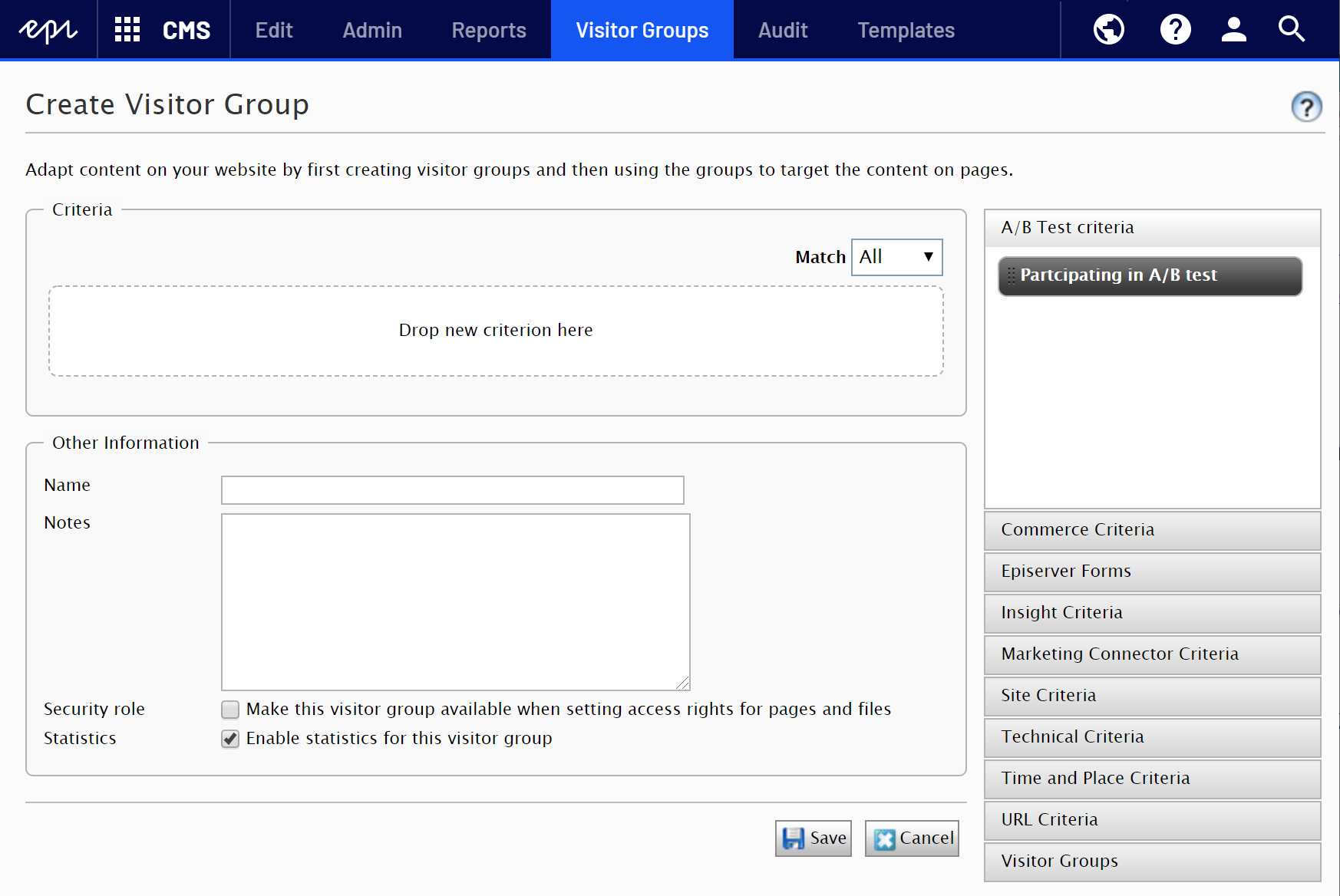 Image: Create Visitor Group dialog box