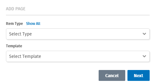 Add New Page menu, options to select Page Type and Template.
